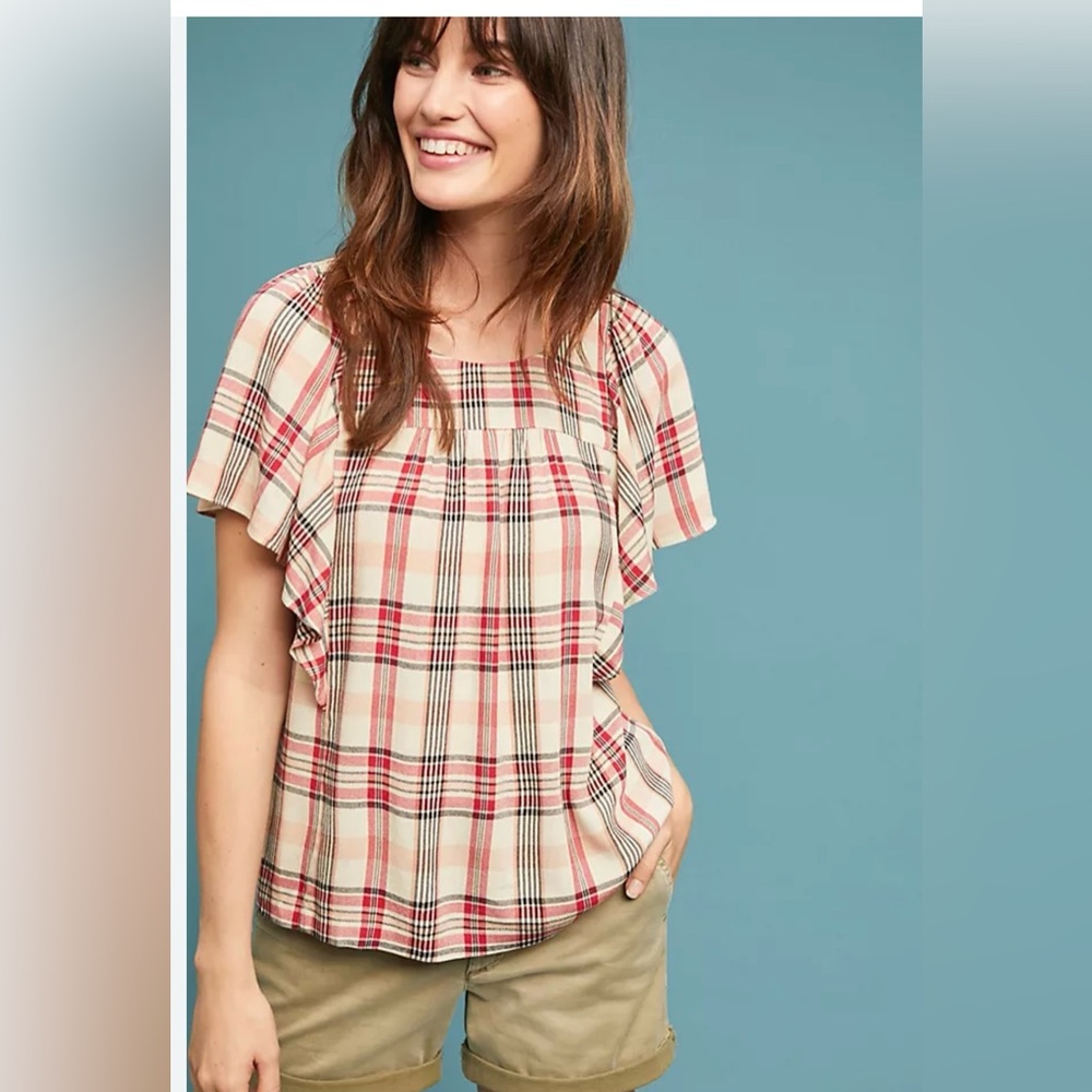 Anthropologie Maeve Priscilla Plaid Flutter Sleeve Top Womens SIze XS